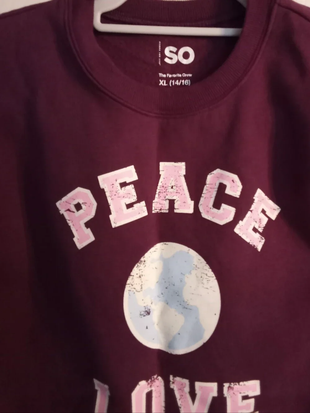 SO Burgundy 'Peace Love' Graphic Pullover with Tie-Dye Accents Girl's XL